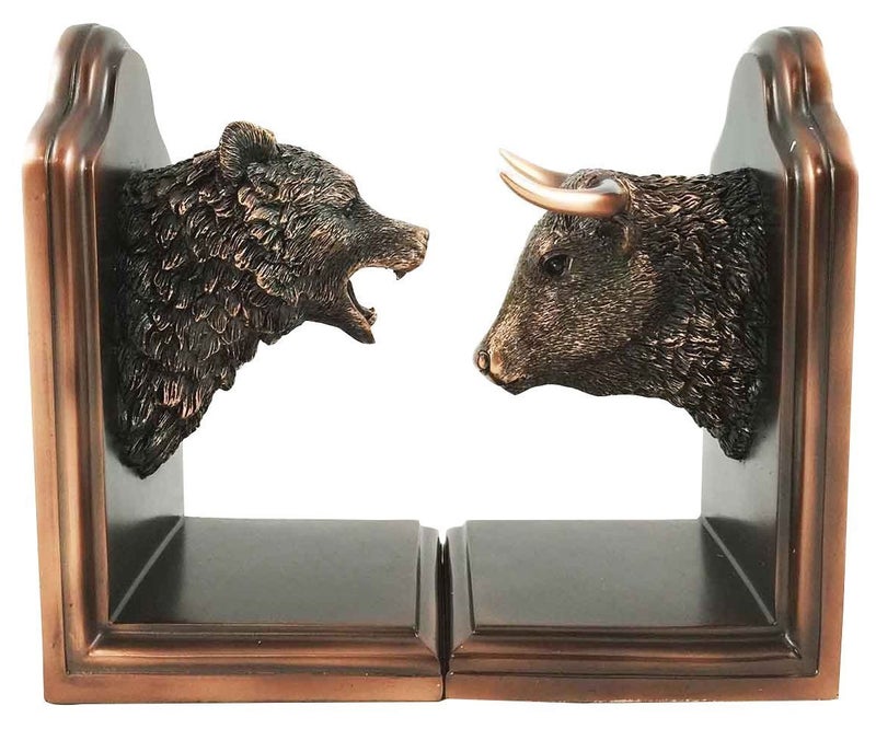 Ebros Gift Ebros Wall Street Stock Market Bull and Bear Head Bookends Statue Set in Bronze Electroplated Resin Finish Investors Money Managers Stock Exchange Professionals Bulls VS Bears Animal Decor Figurine - Image 1